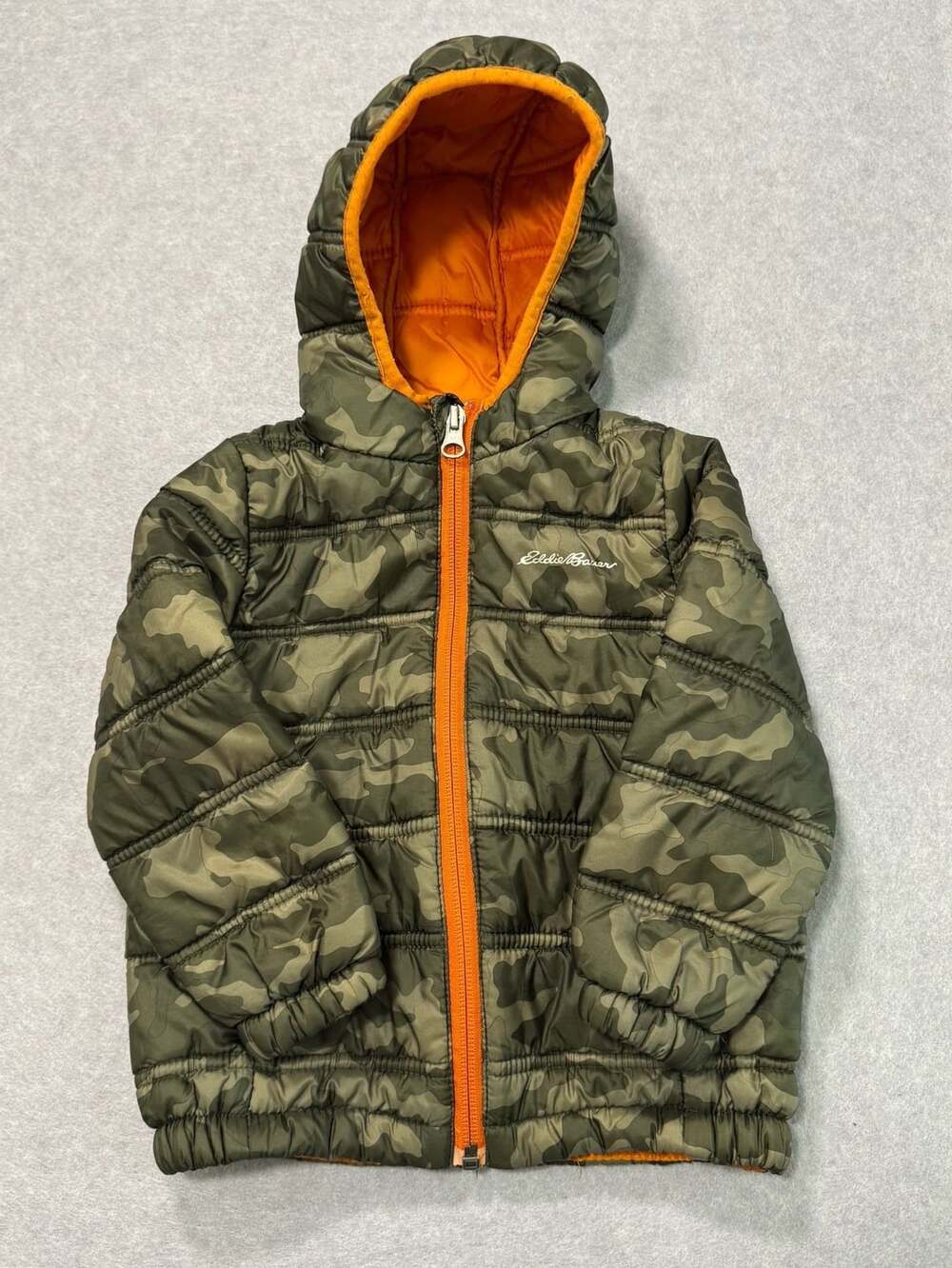 Eddie Bauer Puffer Jacket Size 3T Green Camo Orange